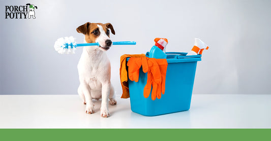 Jack Russell terrier holding a cleaning brush in its mouth, sitting next to a blue bucket filled with cleaning supplies.